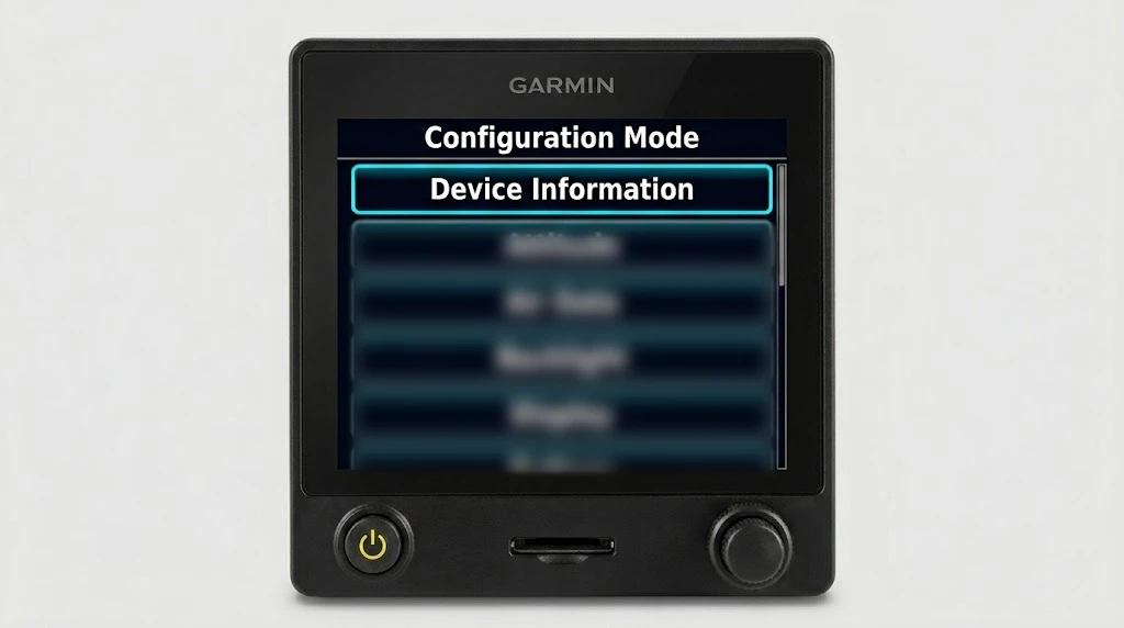 Garmin G5 Configuration Mode menu with Device Information highlighted
