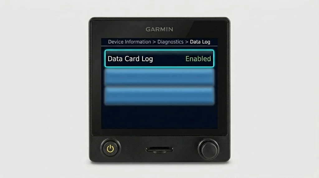Garmin G5 Data Log screen with Data Card Log set to Enabled