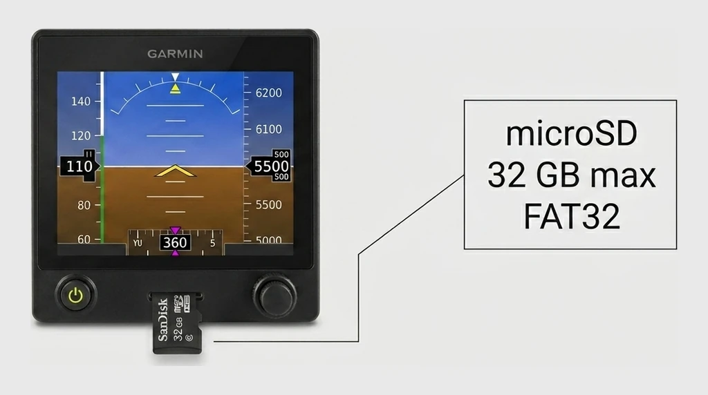 microSD card going into the slot on the Garmin G5 bezel face, just below the screen, contacts down